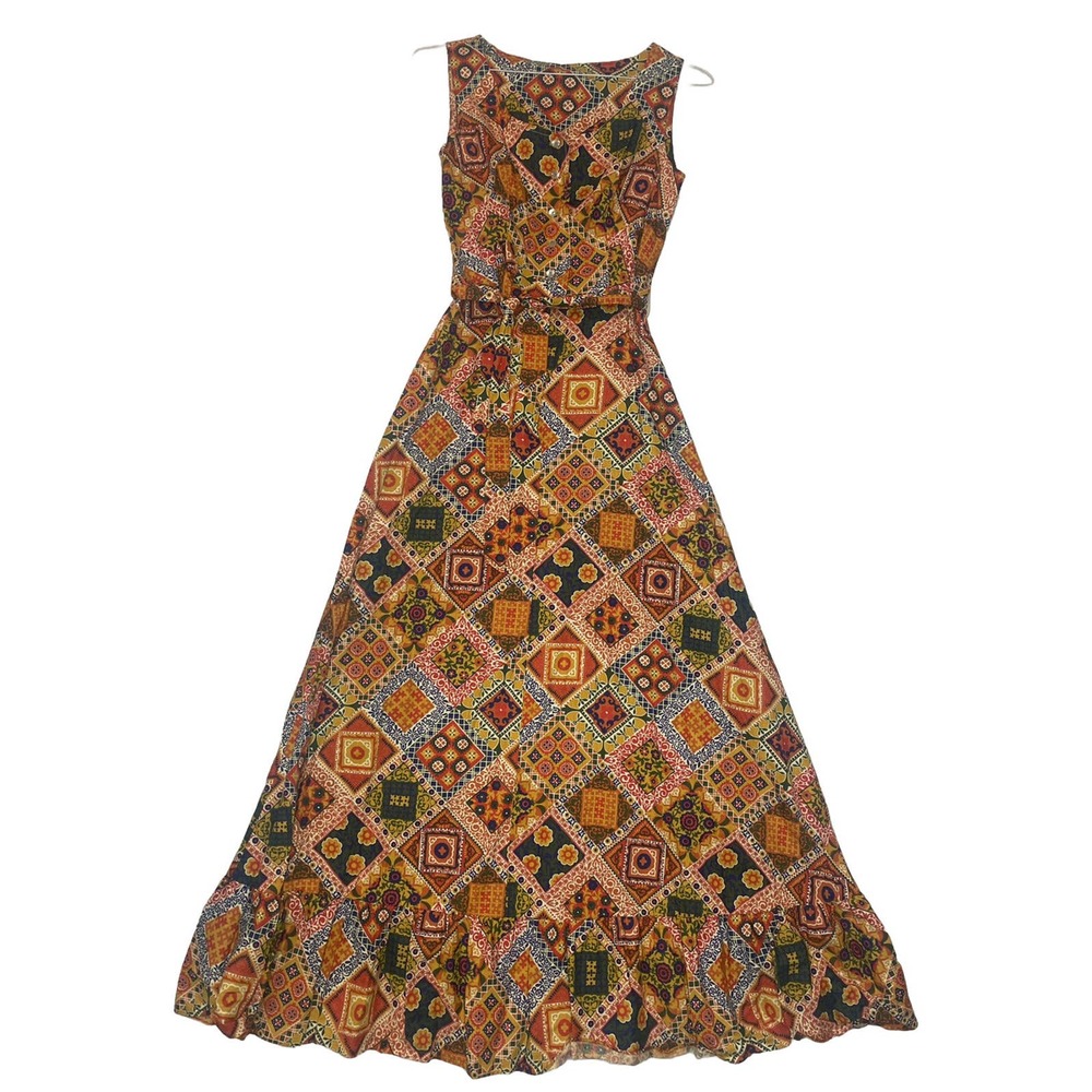 VINTAGE UNION MADE ILGWU 70’s ￼WOMENS DRESS LONG HIPPIE BOHO COLORFUL size S